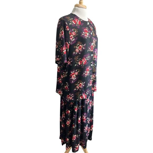Vtg KATHIE LEE Black Red Tropical FLORAL 2 Piece Set Rayon Top Skirt PLUS 16W - Picture 2 of 8